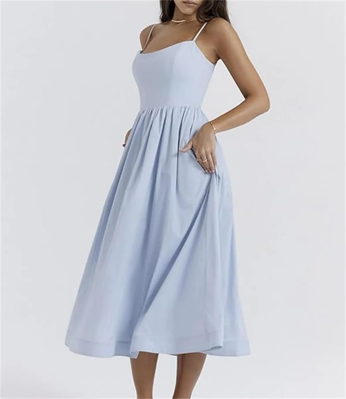 Sexy U Neck Backless Tunic Swing Sundress,Womens Sleeveless Sling Summer Dresses,Low Cut Spaghetti Strap Maxi Skirt