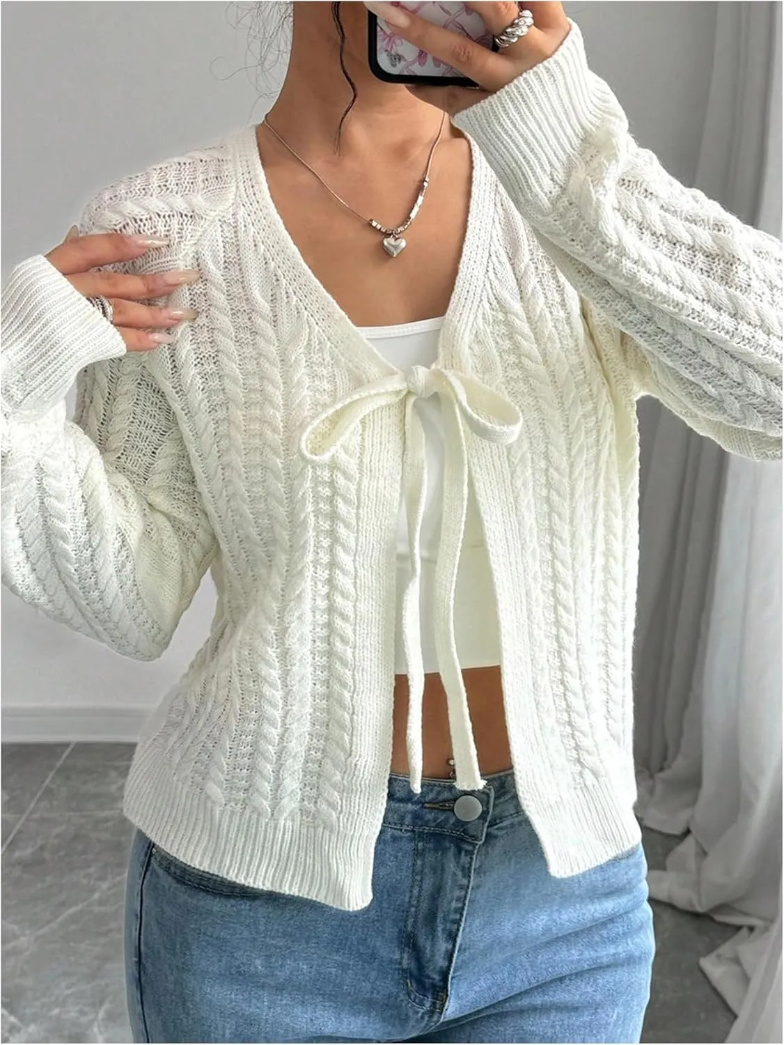 SHENHE Women's Bow Tie Front Cable Knit Soft Knit Open Front Dressy Cardigan Sweater