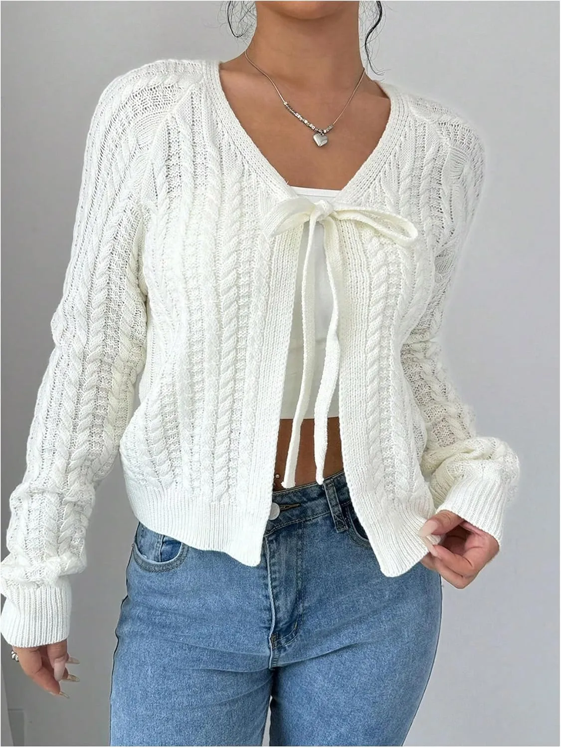 SHENHE Women's Bow Tie Front Cable Knit Soft Knit Open Front Dressy Cardigan Sweater
