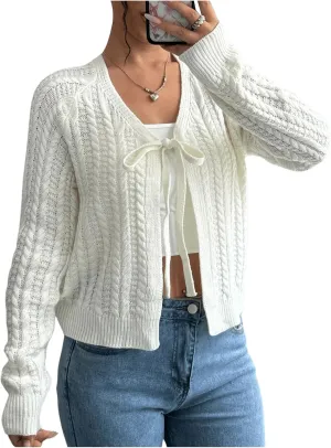 SHENHE Women's Bow Tie Front Cable Knit Soft Knit Open Front Dressy Cardigan Sweater