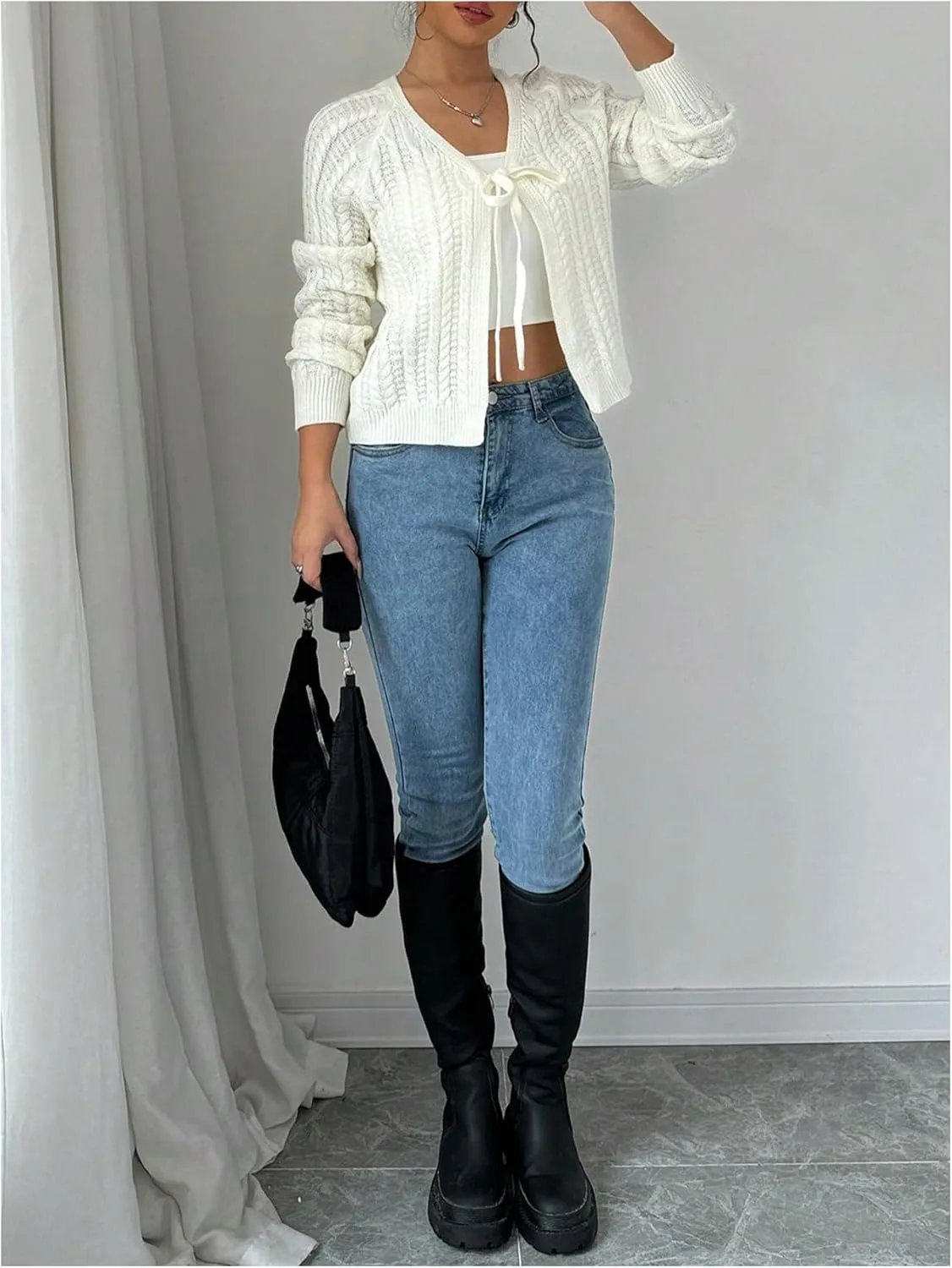 SHENHE Women's Bow Tie Front Cable Knit Soft Knit Open Front Dressy Cardigan Sweater