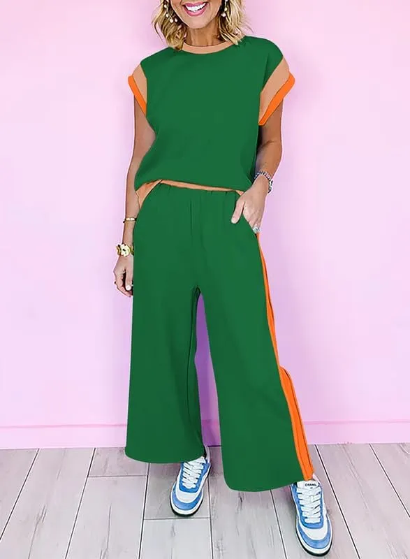 SHEWIN Women's 2 Piece Lounge Sets Casual Short Sleeve Pullover Tops Matching Wide Leg Pants Tracksuit Set