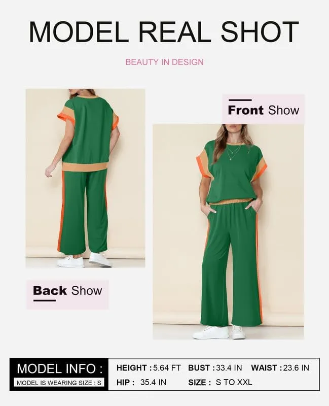 SHEWIN Women's 2 Piece Lounge Sets Casual Short Sleeve Pullover Tops Matching Wide Leg Pants Tracksuit Set