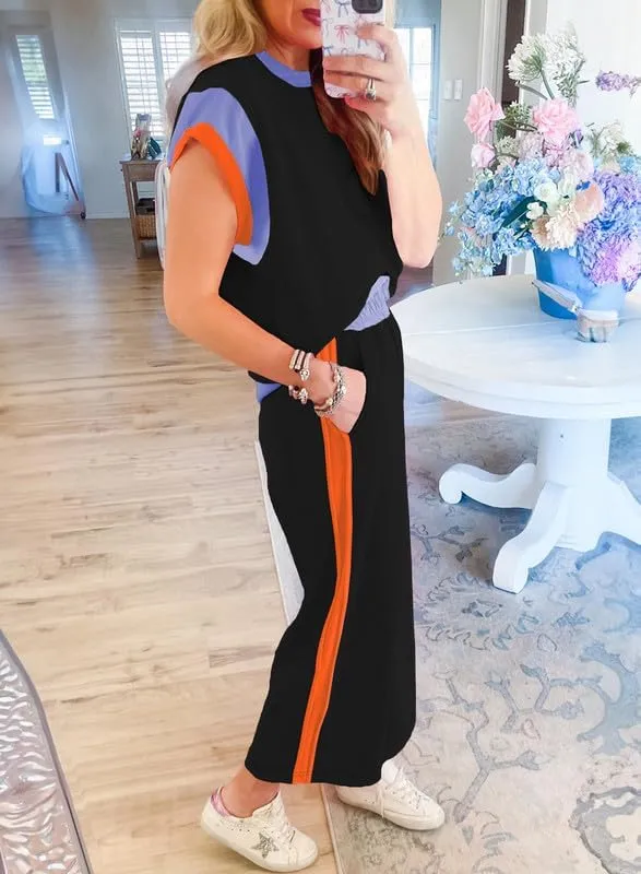 SHEWIN Women's 2 Piece Lounge Sets Casual Short Sleeve Pullover Tops Matching Wide Leg Pants Tracksuit Set
