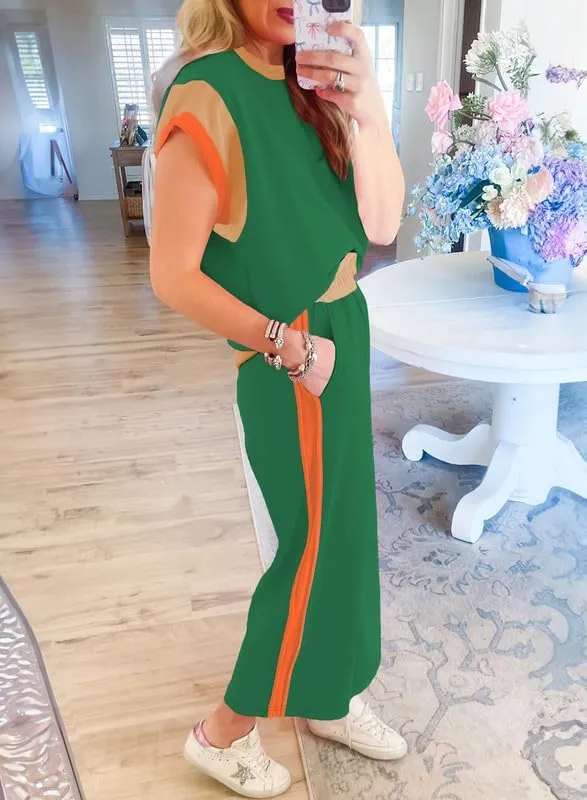 SHEWIN Women's 2 Piece Lounge Sets Casual Short Sleeve Pullover Tops Matching Wide Leg Pants Tracksuit Set