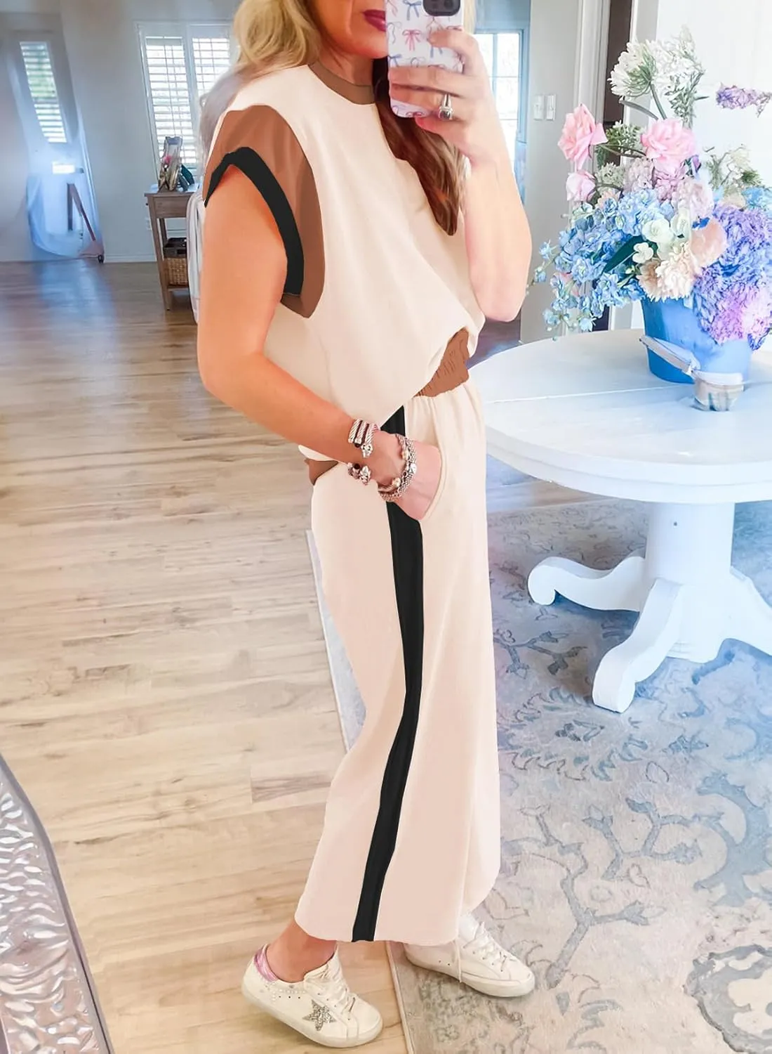 SHEWIN Women's 2 Piece Lounge Sets Casual Short Sleeve Pullover Tops Matching Wide Leg Pants Tracksuit Set