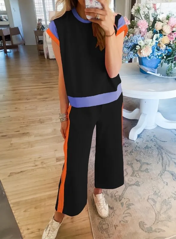SHEWIN Women's 2 Piece Lounge Sets Casual Short Sleeve Pullover Tops Matching Wide Leg Pants Tracksuit Set