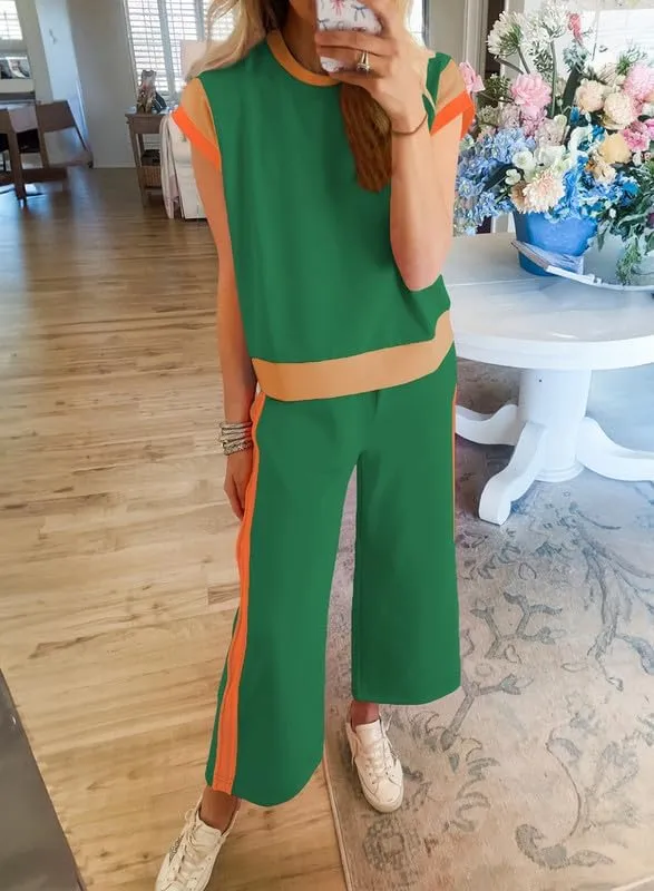 SHEWIN Women's 2 Piece Lounge Sets Casual Short Sleeve Pullover Tops Matching Wide Leg Pants Tracksuit Set
