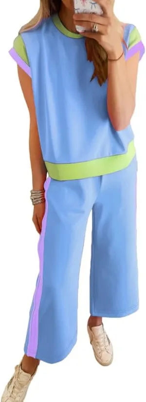 SHEWIN Women's 2 Piece Lounge Sets Casual Short Sleeve Pullover Tops Matching Wide Leg Pants Tracksuit Set