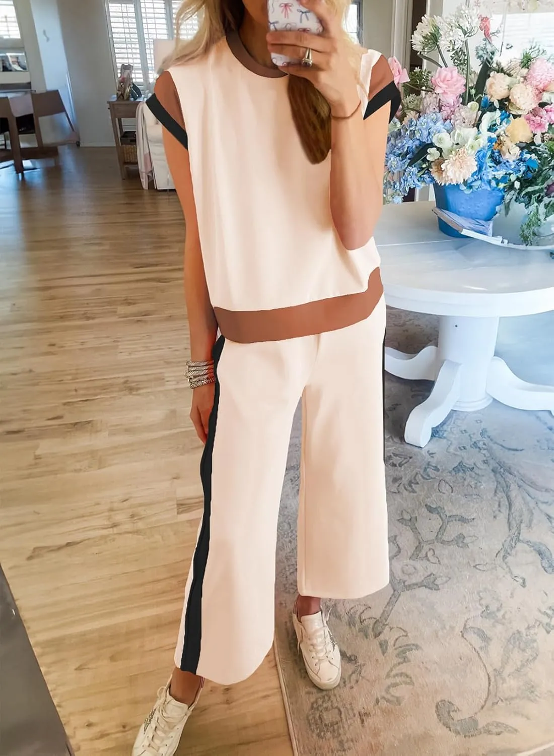 SHEWIN Women's 2 Piece Lounge Sets Casual Short Sleeve Pullover Tops Matching Wide Leg Pants Tracksuit Set