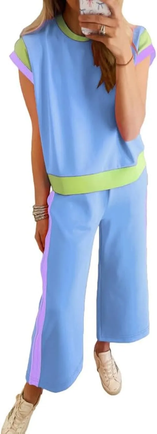 SHEWIN Women's 2 Piece Lounge Sets Casual Short Sleeve Pullover Tops Matching Wide Leg Pants Tracksuit Set