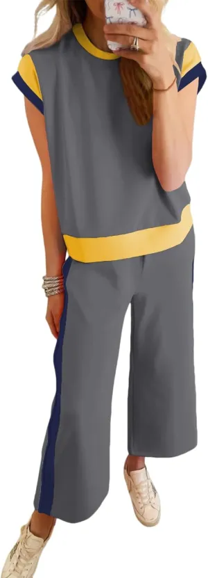 SHEWIN Women's 2 Piece Lounge Sets Casual Short Sleeve Pullover Tops Matching Wide Leg Pants Tracksuit Set