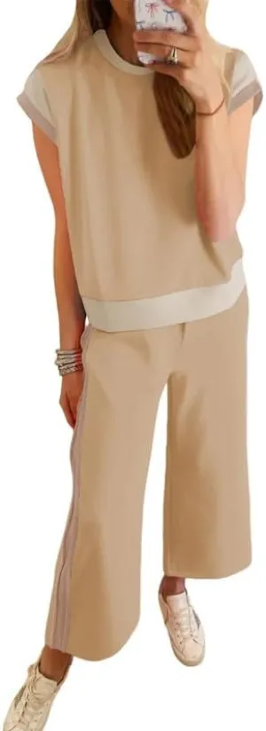 SHEWIN Women's 2 Piece Lounge Sets Casual Short Sleeve Pullover Tops Matching Wide Leg Pants Tracksuit Set