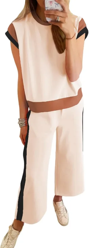 SHEWIN Women's 2 Piece Lounge Sets Casual Short Sleeve Pullover Tops Matching Wide Leg Pants Tracksuit Set
