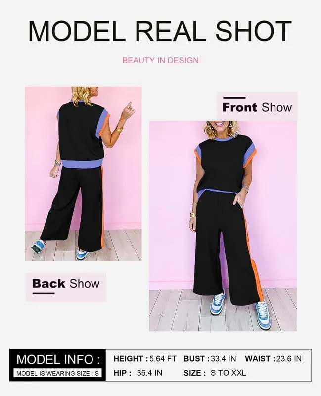 SHEWIN Women's 2 Piece Lounge Sets Casual Short Sleeve Pullover Tops Matching Wide Leg Pants Tracksuit Set