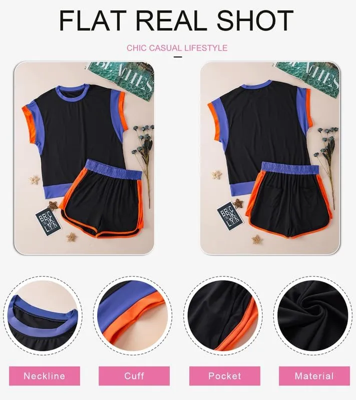 SHEWIN Women's Two Piece Lounge Sets Casual Short Sleeve Pullover Tops Matching Shorts Loungewear Tracksuit Set