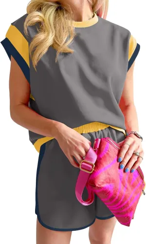 SHEWIN Women's Two Piece Lounge Sets Casual Short Sleeve Pullover Tops Matching Shorts Loungewear Tracksuit Set