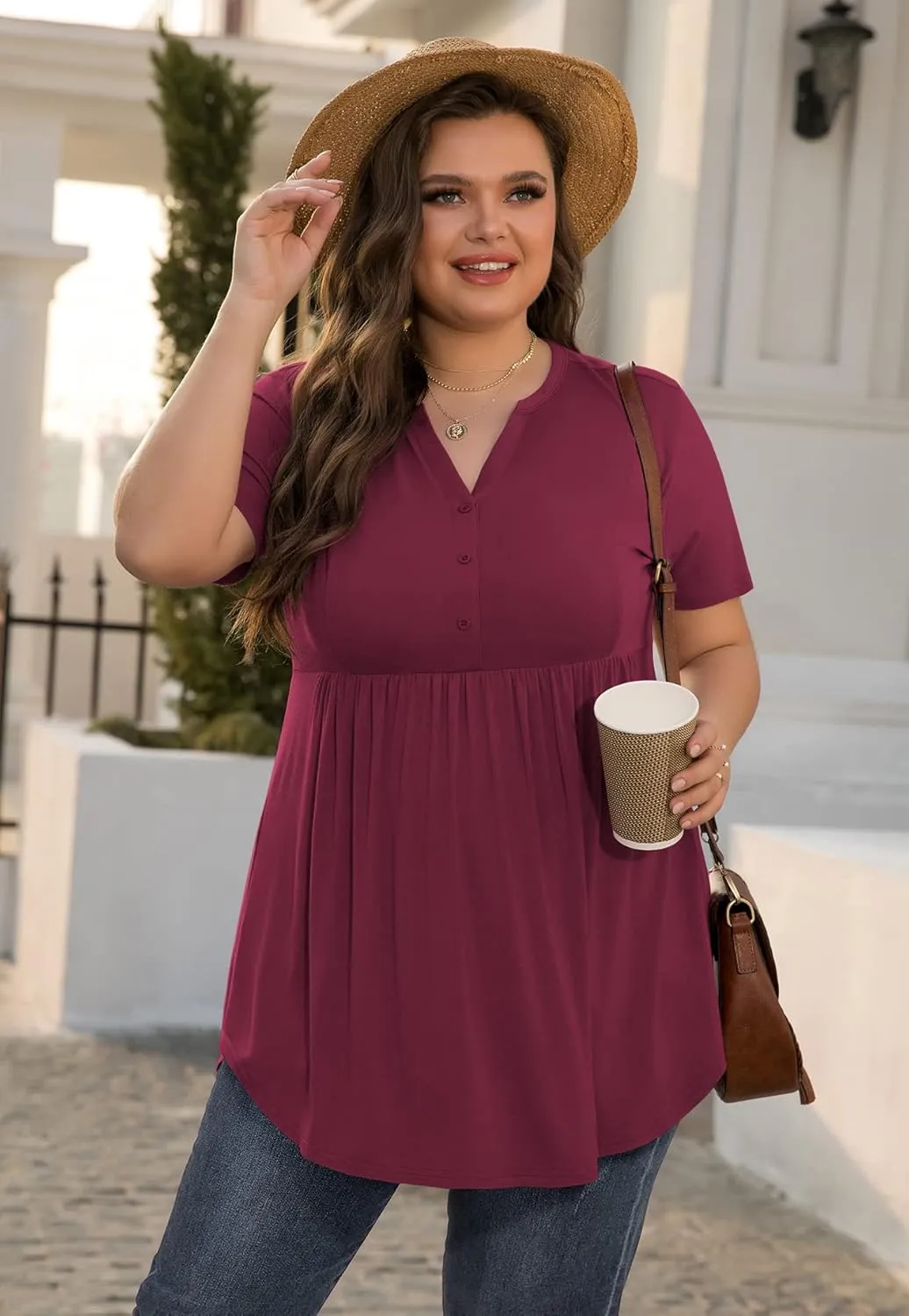 SHIJIALI Women's Plus Size Henley Shirts V Neck Button Tunic Tops Casual Short Sleeve Swing Flowy Tunic