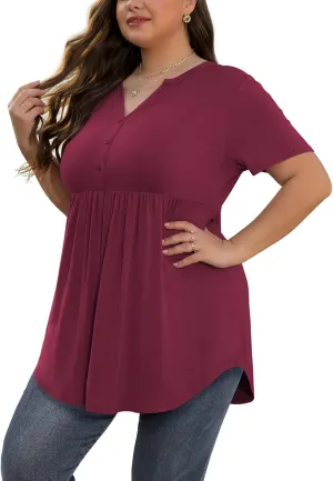 SHIJIALI Women's Plus Size Henley Shirts V Neck Button Tunic Tops Casual Short Sleeve Swing Flowy Tunic