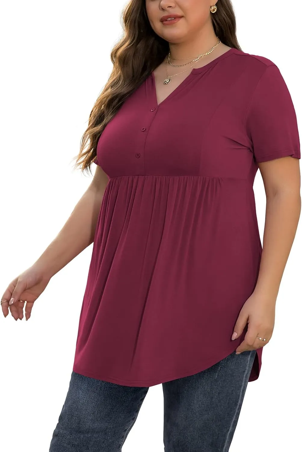 SHIJIALI Women's Plus Size Henley Shirts V Neck Button Tunic Tops Casual Short Sleeve Swing Flowy Tunic