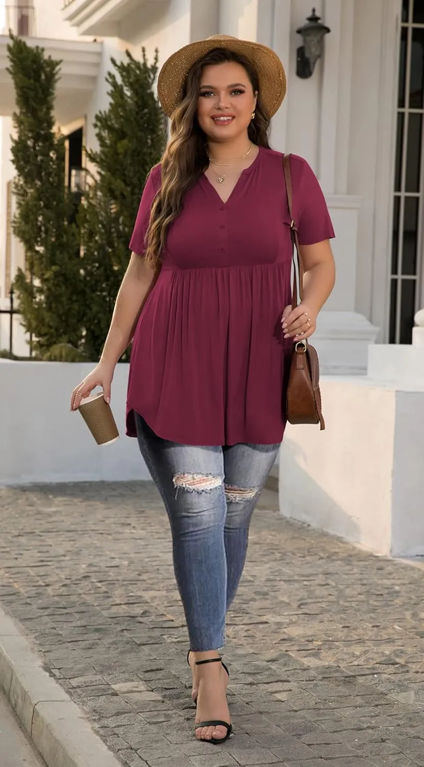 SHIJIALI Women's Plus Size Henley Shirts V Neck Button Tunic Tops Casual Short Sleeve Swing Flowy Tunic