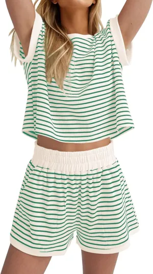 Short Sets for Women Casual Striped Short Sleeve Top Elastic Waisted Shorts Outfits Trendy Color Block Tracksuits
