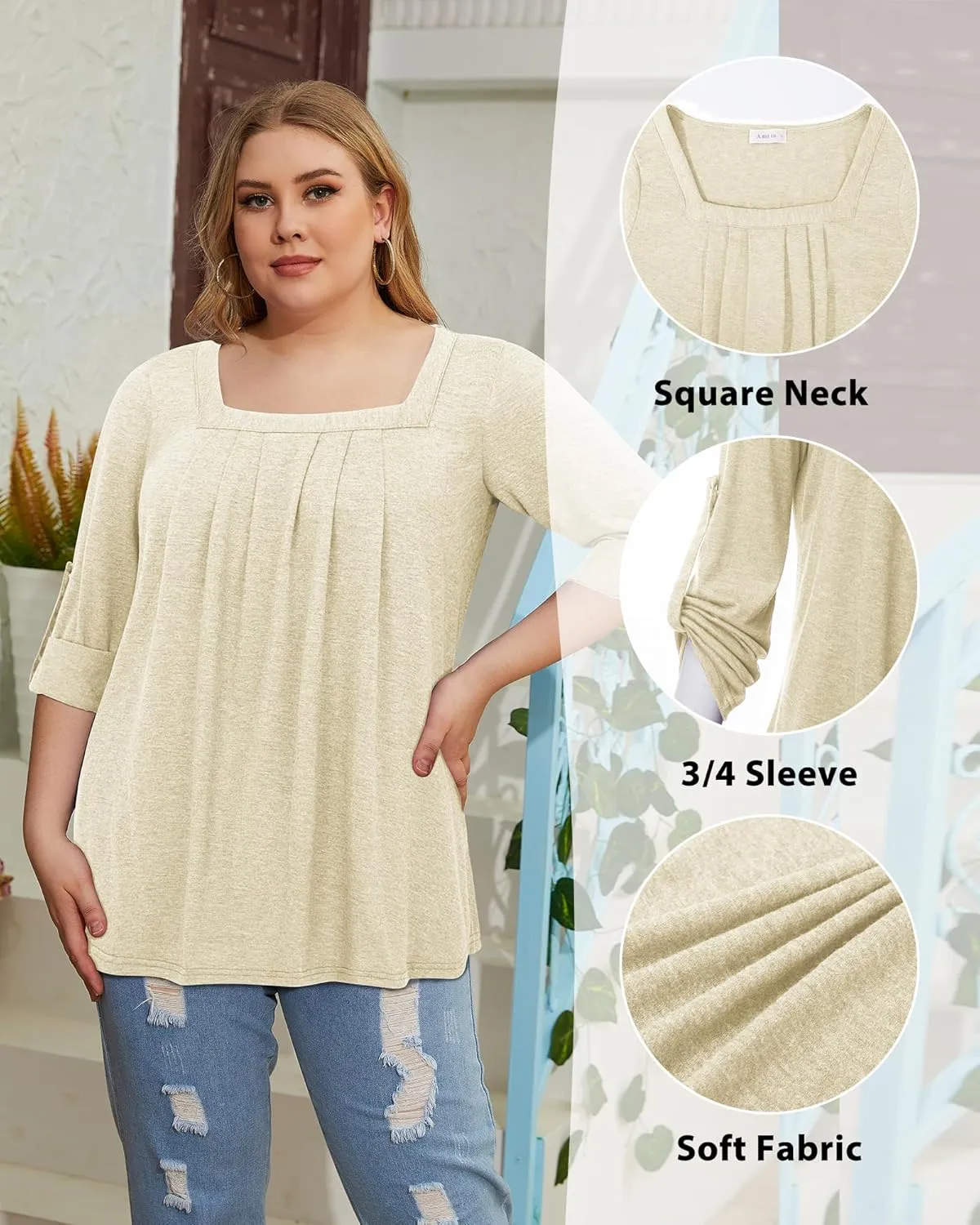 Siddhe Women Short Sleeve Plus Size Tunics, Square Neck Tops Casual Loose Fit T Shirt Blouse Summer 2025