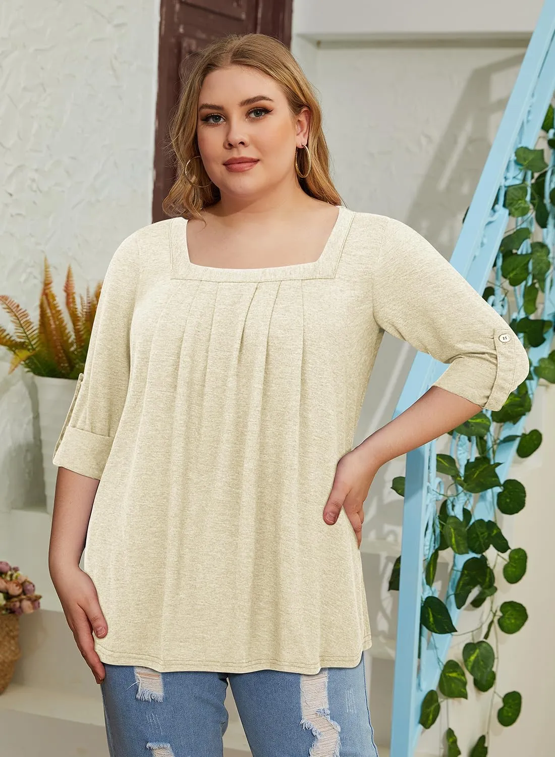 Siddhe Women Short Sleeve Plus Size Tunics, Square Neck Tops Casual Loose Fit T Shirt Blouse Summer 2025