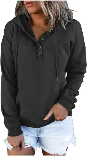 slqdgmryz Hoodies for Women Button Preppy Tunic Sweatshirt Plain Cute Hoodie Drawstring Long Sleeve Pullover with Pockets