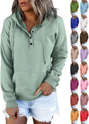 slqdgmryz Hoodies for Women Button Preppy Tunic Sweatshirt Plain Cute Hoodie Drawstring Long Sleeve Pullover with Pockets