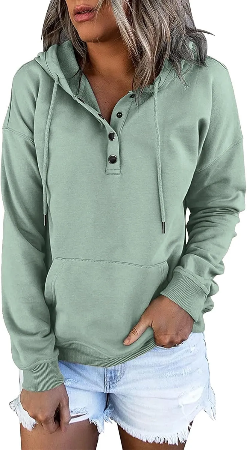 slqdgmryz Hoodies for Women Button Preppy Tunic Sweatshirt Plain Cute Hoodie Drawstring Long Sleeve Pullover with Pockets