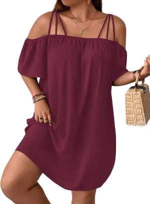 SOLY HUX Women's Plus Size Dresses Off Shoulder Short Sleeve Short Dresses Causal Loose Tunic Summer Dress