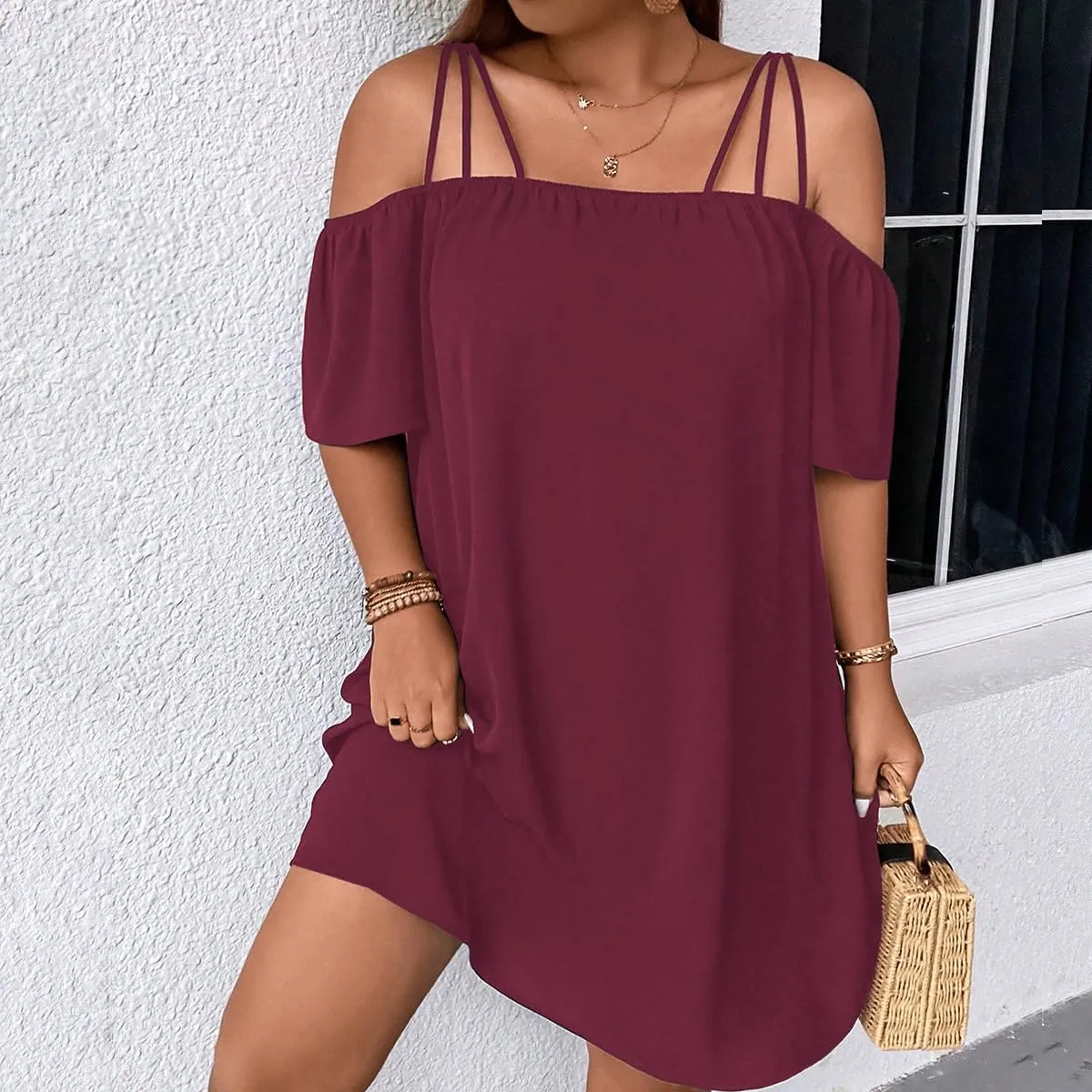 SOLY HUX Women's Plus Size Dresses Off Shoulder Short Sleeve Short Dresses Causal Loose Tunic Summer Dress