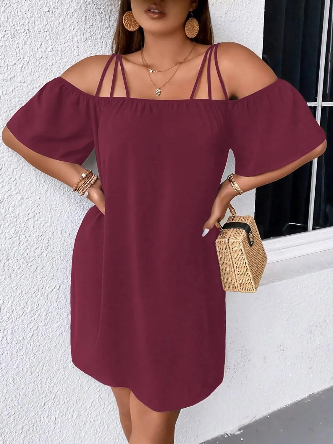 SOLY HUX Women's Plus Size Dresses Off Shoulder Short Sleeve Short Dresses Causal Loose Tunic Summer Dress