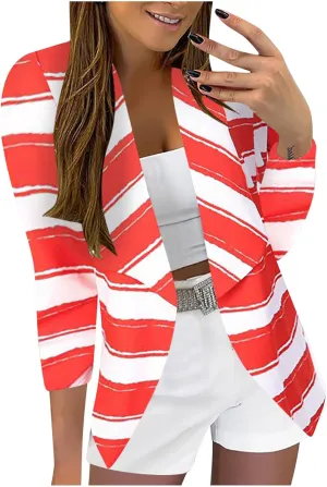 Striped and Dot Print Blazer Jackets for Women 3/4 Sleeve Spring Fall Coat Casual Work Open Front Outwear (Red-7#, L)