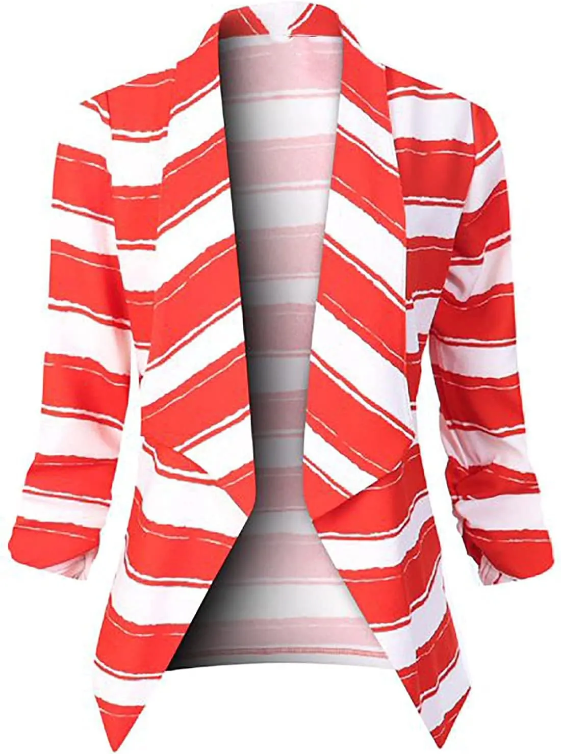 Striped and Dot Print Blazer Jackets for Women 3/4 Sleeve Spring Fall Coat Casual Work Open Front Outwear (Red-7#, L)