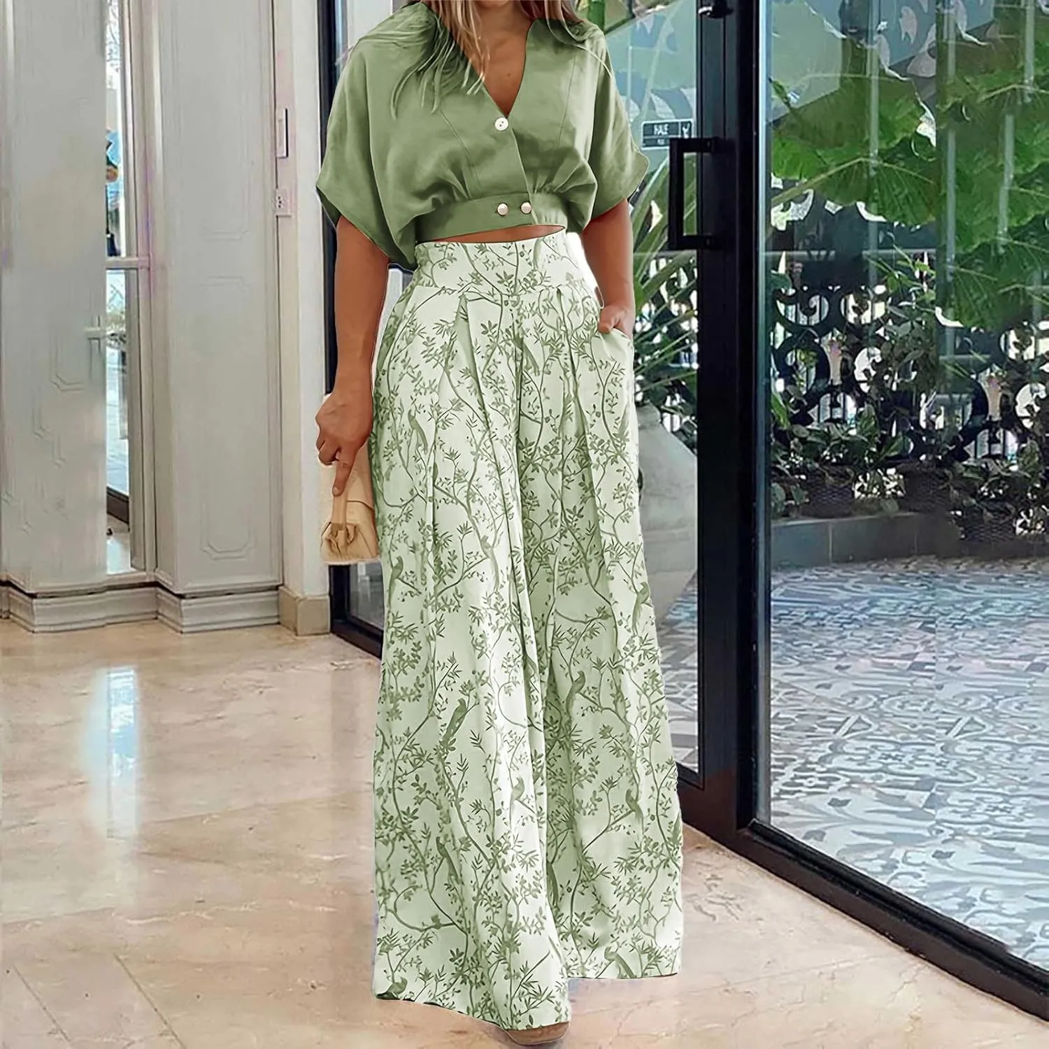 Summer 2 Piece Sets for Women Fashion Casual Short Sleeve V Neck Tops Matching Print Wide Leg Pants Set Business Suit