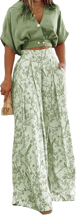 Summer 2 Piece Sets for Women Fashion Casual Short Sleeve V Neck Tops Matching Print Wide Leg Pants Set Business Suit