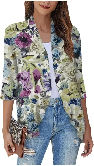 Summer Cardigans for Women Lightweight Ruched 3/4 Sleeve Open Front Cardigan Casual Loose Cover up Shrugs for Dress