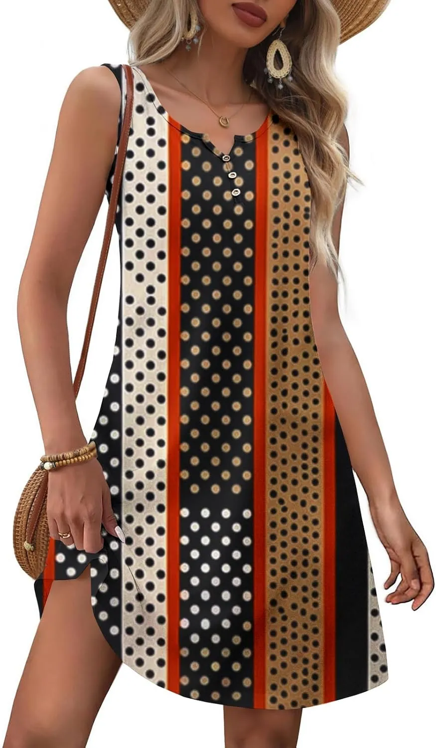 Summer Dresses Womens Beach Vacation Boho Floral Tunic Dress Sexy Button V Neck Sleeveless Tunic Mini Tank Sundress