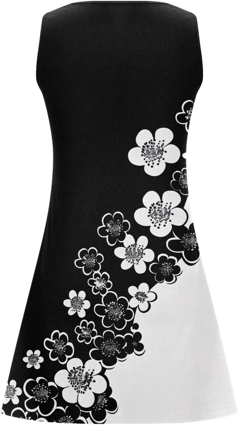 Summer Dresses Womens Beach Vacation Boho Floral Tunic Dress Sexy Button V Neck Sleeveless Tunic Mini Tank Sundress