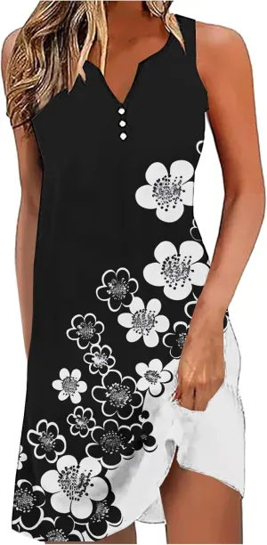 Summer Dresses Womens Beach Vacation Boho Floral Tunic Dress Sexy Button V Neck Sleeveless Tunic Mini Tank Sundress