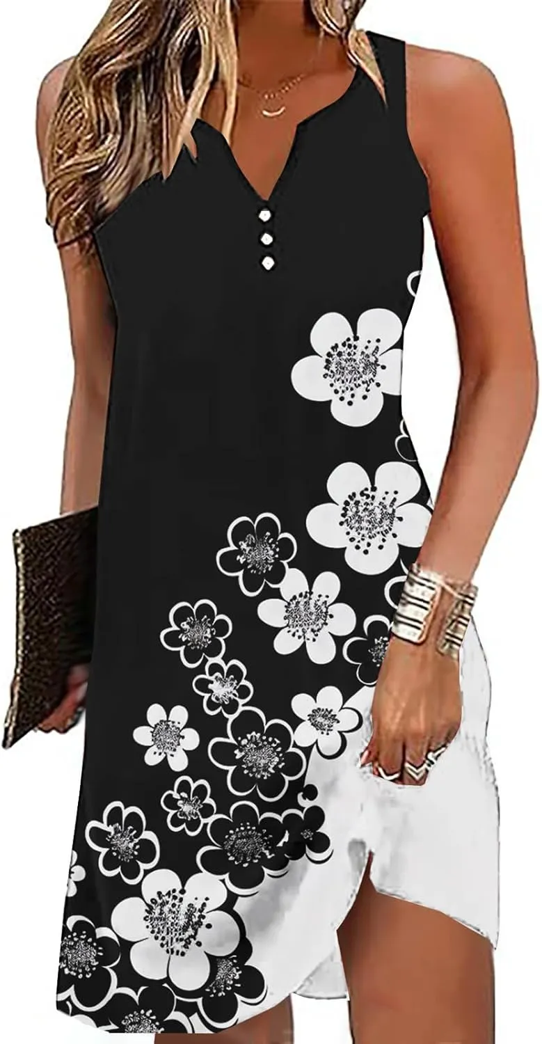Summer Dresses Womens Beach Vacation Boho Floral Tunic Dress Sexy Button V Neck Sleeveless Tunic Mini Tank Sundress