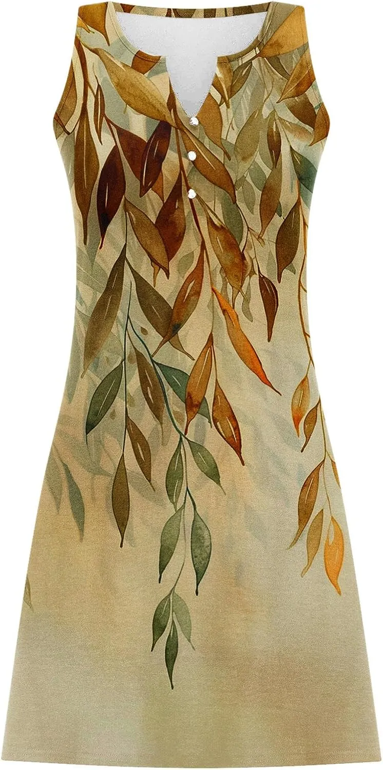 Summer Dresses Womens Beach Vacation Boho Floral Tunic Dress Sexy Button V Neck Sleeveless Tunic Mini Tank Sundress