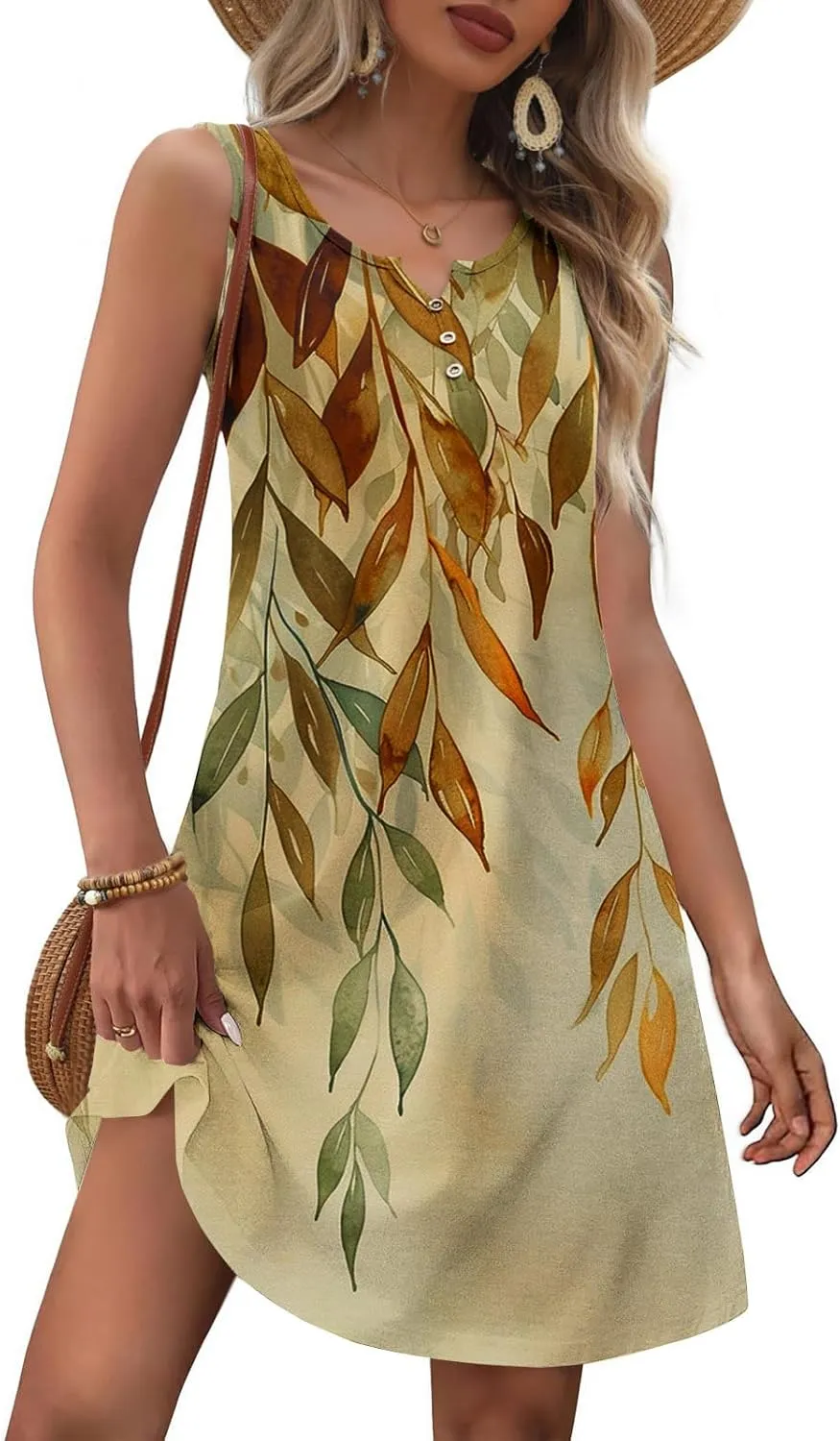 Summer Dresses Womens Beach Vacation Boho Floral Tunic Dress Sexy Button V Neck Sleeveless Tunic Mini Tank Sundress
