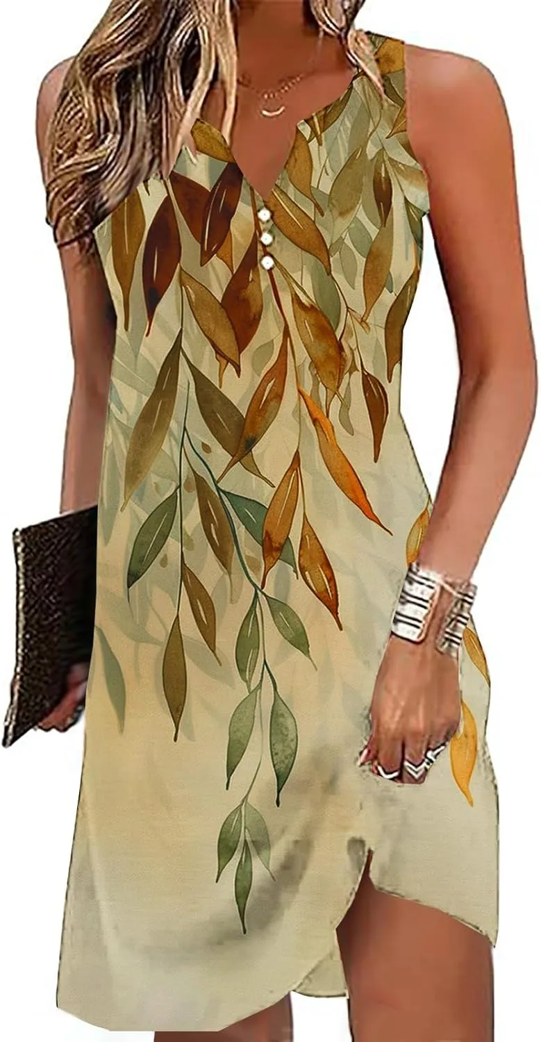 Summer Dresses Womens Beach Vacation Boho Floral Tunic Dress Sexy Button V Neck Sleeveless Tunic Mini Tank Sundress