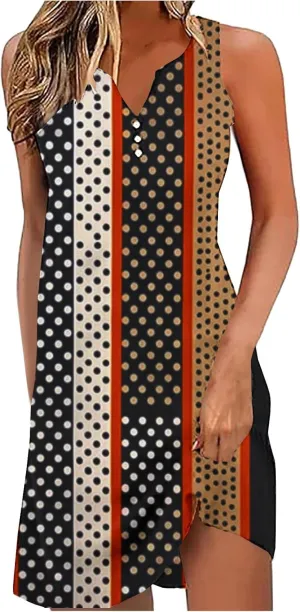 Summer Dresses Womens Beach Vacation Boho Floral Tunic Dress Sexy Button V Neck Sleeveless Tunic Mini Tank Sundress