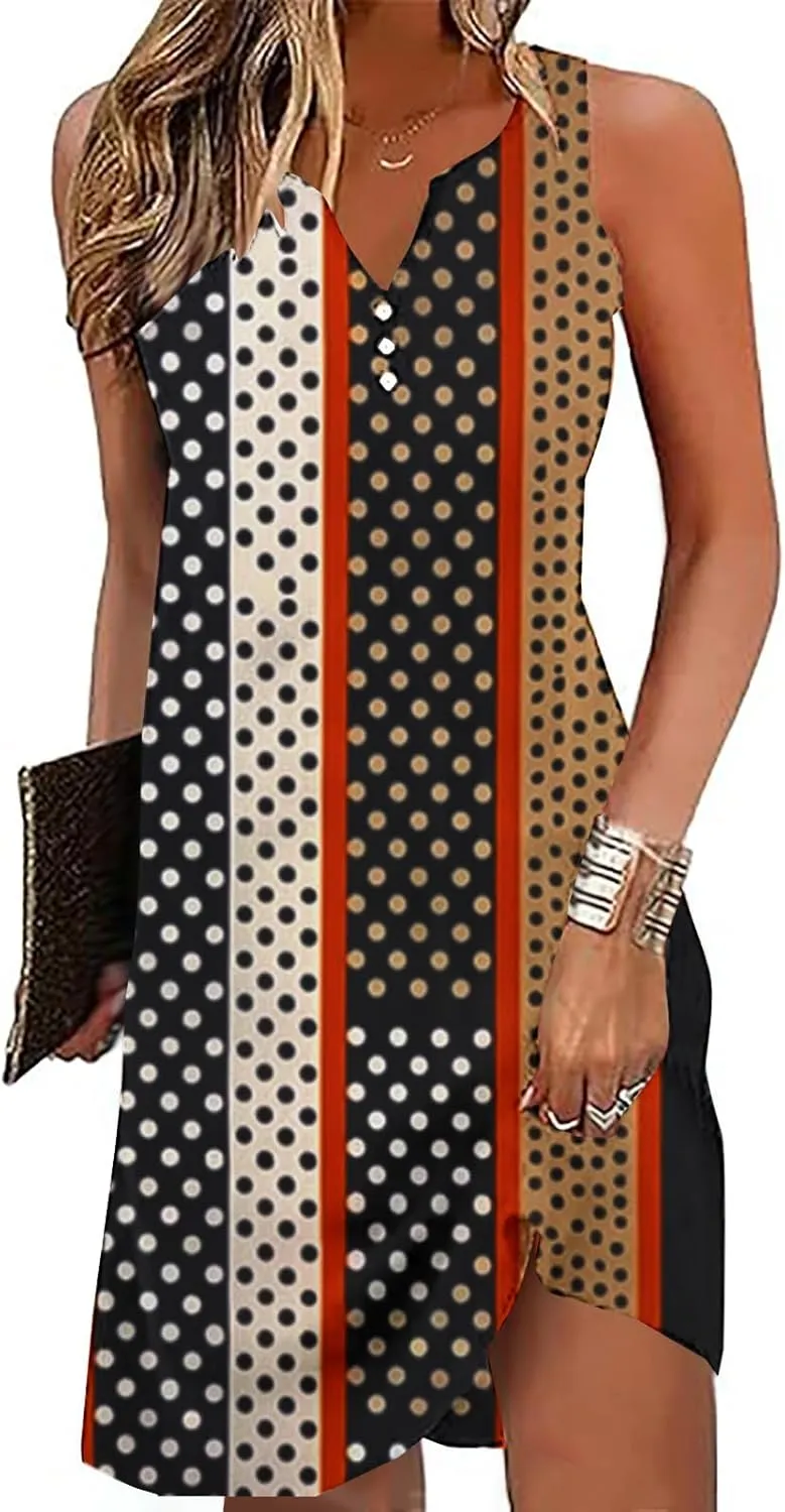 Summer Dresses Womens Beach Vacation Boho Floral Tunic Dress Sexy Button V Neck Sleeveless Tunic Mini Tank Sundress