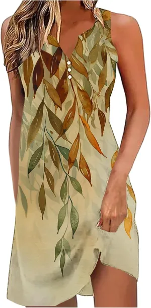 Summer Dresses Womens Beach Vacation Boho Floral Tunic Dress Sexy Button V Neck Sleeveless Tunic Mini Tank Sundress
