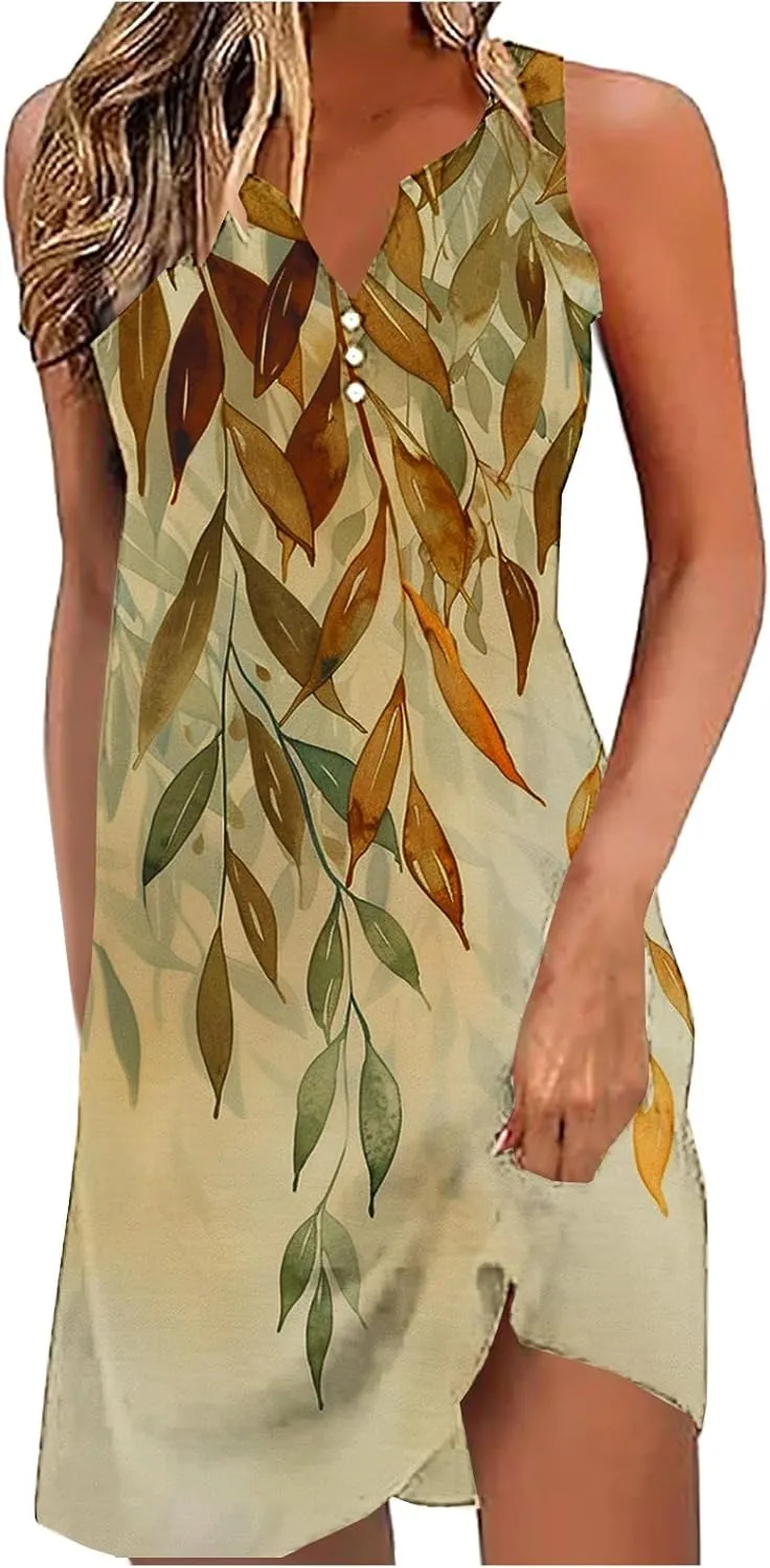 Summer Dresses Womens Beach Vacation Boho Floral Tunic Dress Sexy Button V Neck Sleeveless Tunic Mini Tank Sundress
